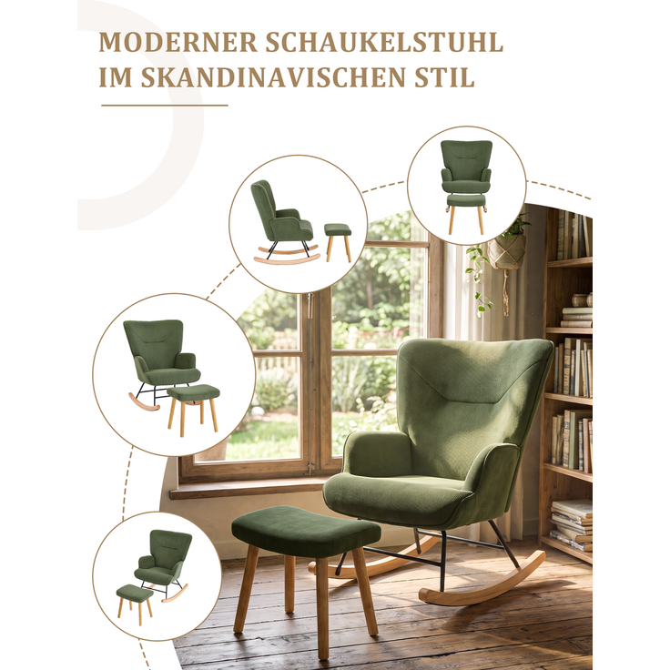 GOEURVANT 5006 Schaukelstuhl mit Hocker (Relaxsessel, Ohrensessel), Feincord - Grün – Bild 10
