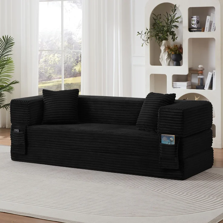 ZUBALIYA Schlafsofa, mit Schlaffunktion, H 60 × T 200 × B 76 cm, Schwarz, Schaumstoff – Bild 2