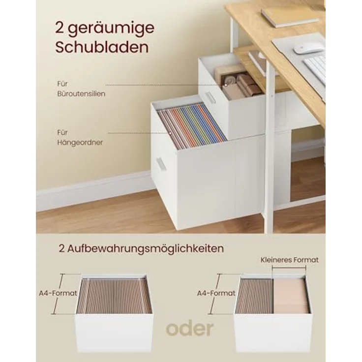 VASAGLE Computertisch, Bürotisch, Schreibtisch, mit 3 Ablagen, 2 Schubladen, 127 x 50 x 76 cm, fürs Büro, Wohnzimmer, moderner Stil, natureichenfarben-mattweiß LWD103YD01 – Bild 4