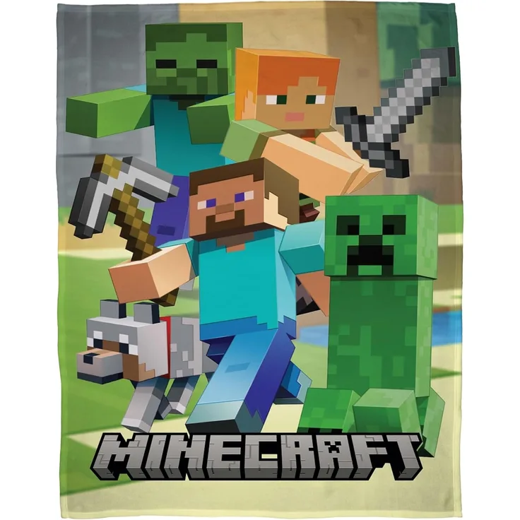 Minecraft Kuscheldecke für Jungen mit Steve und Creeper | Große Tagesdecke Grün Motiv Detail | Maße: 160x200 cm