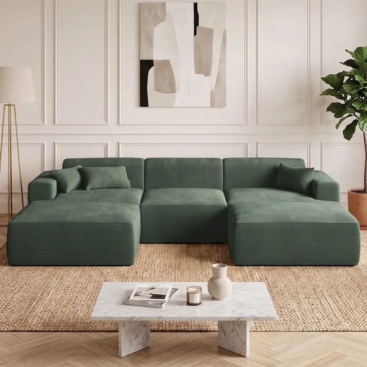 skølm 'Freki' Cloud Sofa 3 Sitzer mit 2x Hocker, Vollschaumcouch mit Federkern und Vakuum-Kompression, kein Aufbau erforderlich, mit 3 Kissen, Cord dunkelgrün – Bild 1