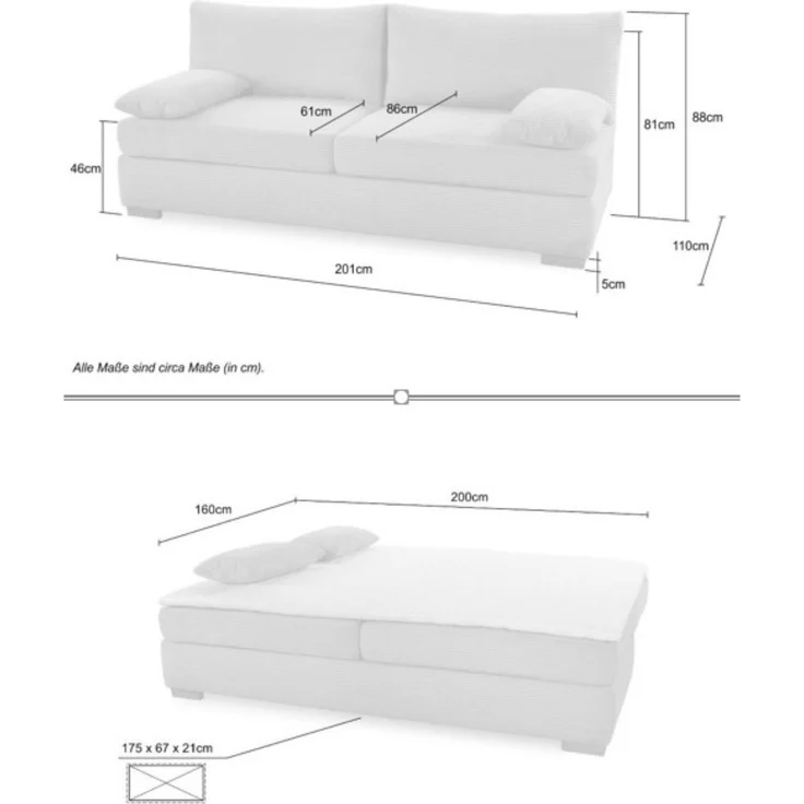 Dauer-Schlafsofa Federkern Couch mit Topper und Bettkasten in Feincord Hellgrau – Bild 8