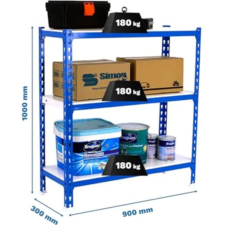 Simon Rack Simonclick Metallregal, 1000 x 900 x 300 mm, 3 Regalböden, 180 kg Biegepunkt, Blau/Weiß – Bild 3