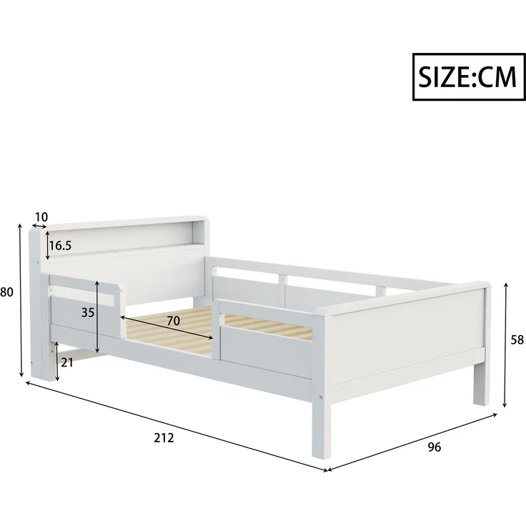 EINHOM Holzbett 90 x 200 cm, Holz, USB- und Tape-C-Kombi-Steckdose, Kleine LED-Leuchte, Kopfteil mit Ablagefunktion, Kinderbett, Einzelbett, Multifunktionsbett, Kiefernholz, Weiß, (Ohne Matratze) – Bild 2