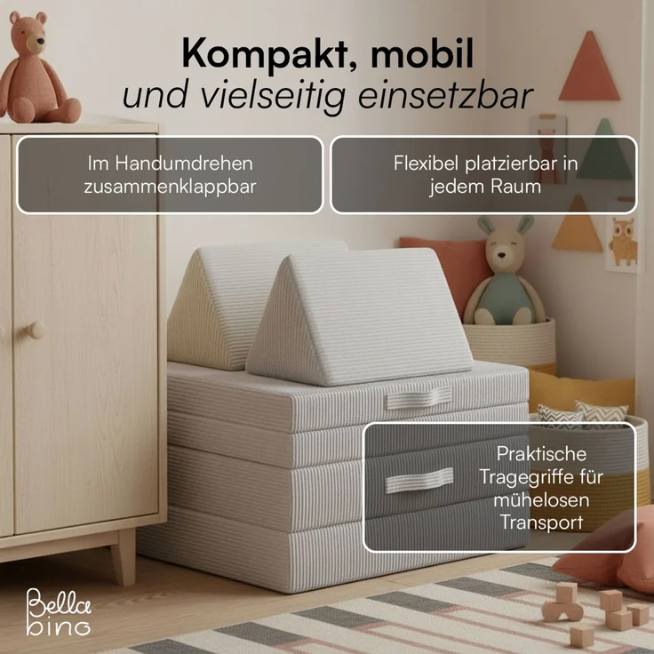 Bellabino 'Nile' Spielsofa, 4-tlg, Cord, grau, faltbare Kindercouch, abnehmbarer & waschbarer Bezug, Kindersofa aus Schaumstoff, Oeko-Tex zertifiziert – Bild 7