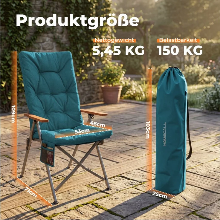 HOMECALL Campingstuhl Faltbar Hochlehner Luxus Klappstuhl mit 4,5cm Dicke Gepolstert (150kg Belastbar mit 4 Positionen Verstellbar Angelstuhl, 1 St), für Garten Balkon Wohnmobil – Bild 2