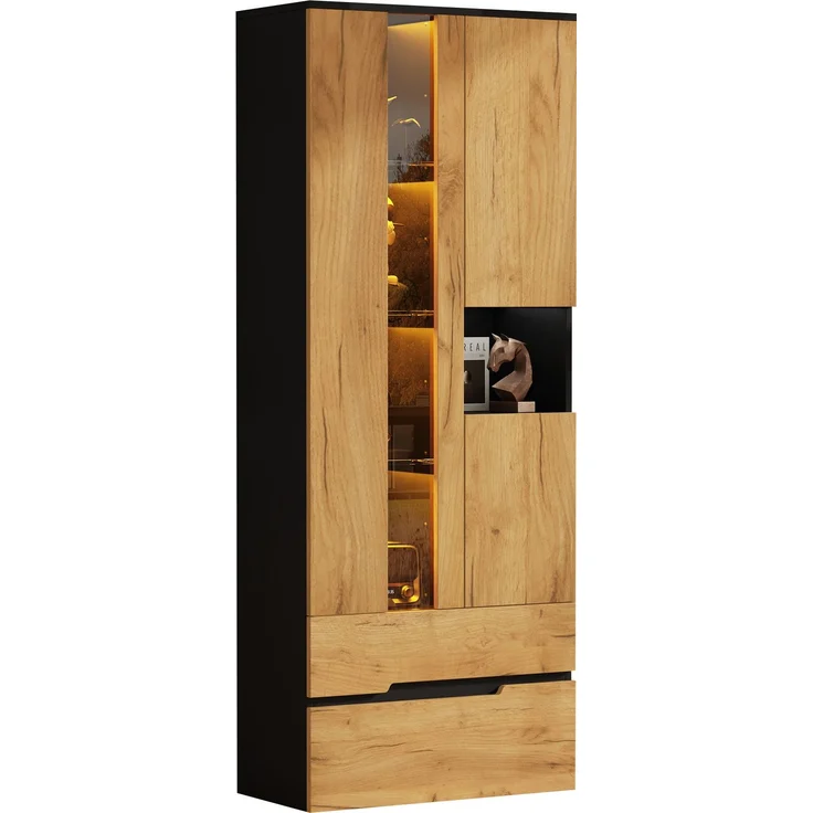 Vitrinen-Schrank, 70×35×180cm Mehrzweck Aufbewahrungsschrank mit LED-Lichtleiste, 3 Türen & 2 Schubladen, Holz-Schwarz Kombinationsdesign, bis 45kg Traglast, moderner Stauraumschrank für Wohnzimmer--Natürlich--70x35x180cm--YOUDENOVA – Bild 7