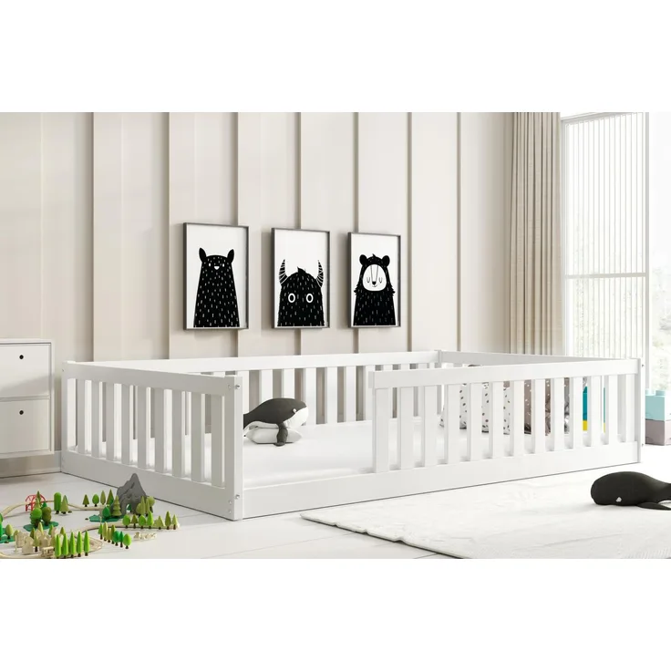 Interbeds Kinderbett Bella 120x200 mit Rausfallschutz & Lattenrost Bodenbett aus Holz Einzelbett Montessori Bed Gitterbett Kleinkindbett bis 120 kg Kiefer Holz massiv Junge Mädchen (weiß, 120x200)