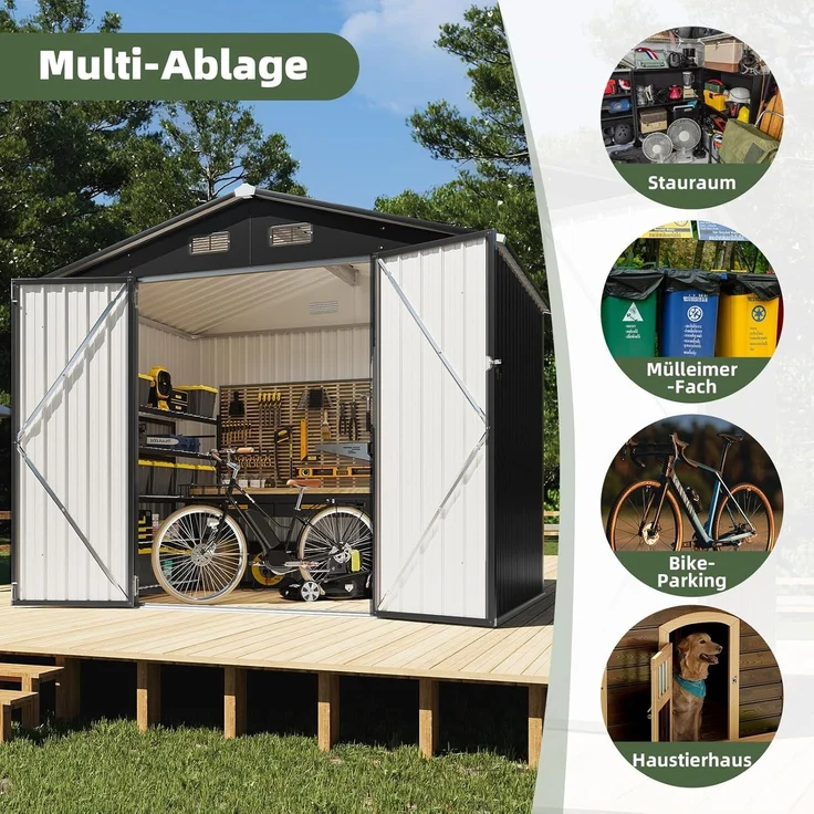 Aoxun Großes Gerätehaus aus Metall 235x171x196cm, wetterfestes Gartenhaus mit Doppeltür & Satteldach, abschließbarer Geräteschuppen für Garten, Hinterhof, Terrasse,Schwarz – Bild 3