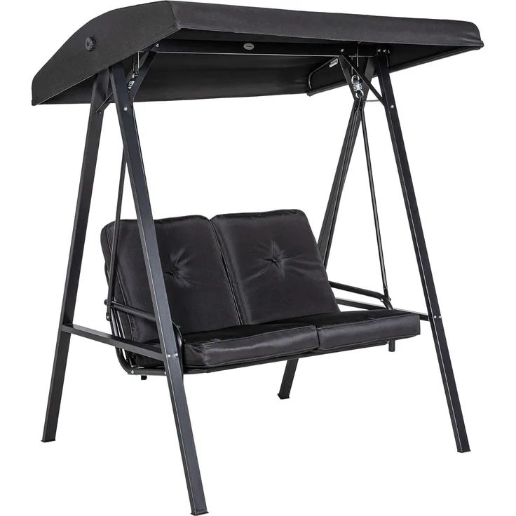 Outsunny Hollywoodschaukel mit Verstellbarem Dach, Kissen, 2-Sitzer, Verstellbares Dach, Schaukelbank, 1 tlg, Gartenschaukel, bis 220 kg Belastbar, für Garten, Balkon, Schwarz, 145 x 116 x 172 cm