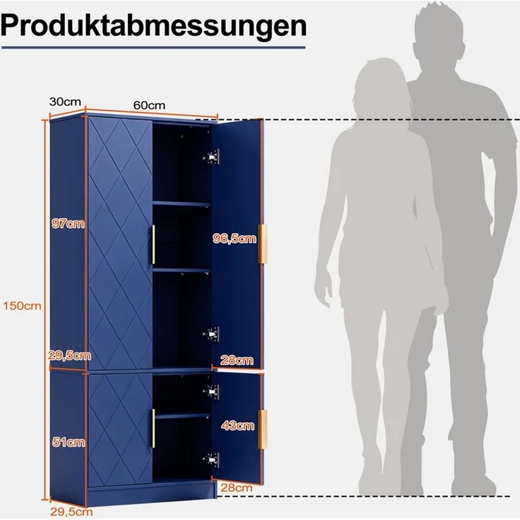 UEV Hochschrank mit 4 Türen, Kücheschrank, Mehrzweckschrank 60x30x150cm (Schuhschrank verschiedenen, Wohnzimmerschrank Stauraumschrank Flurschrank) Vorratsschrank Aktenschrank Badezimmerschrank mit verstellbare Ablage – Bild 4