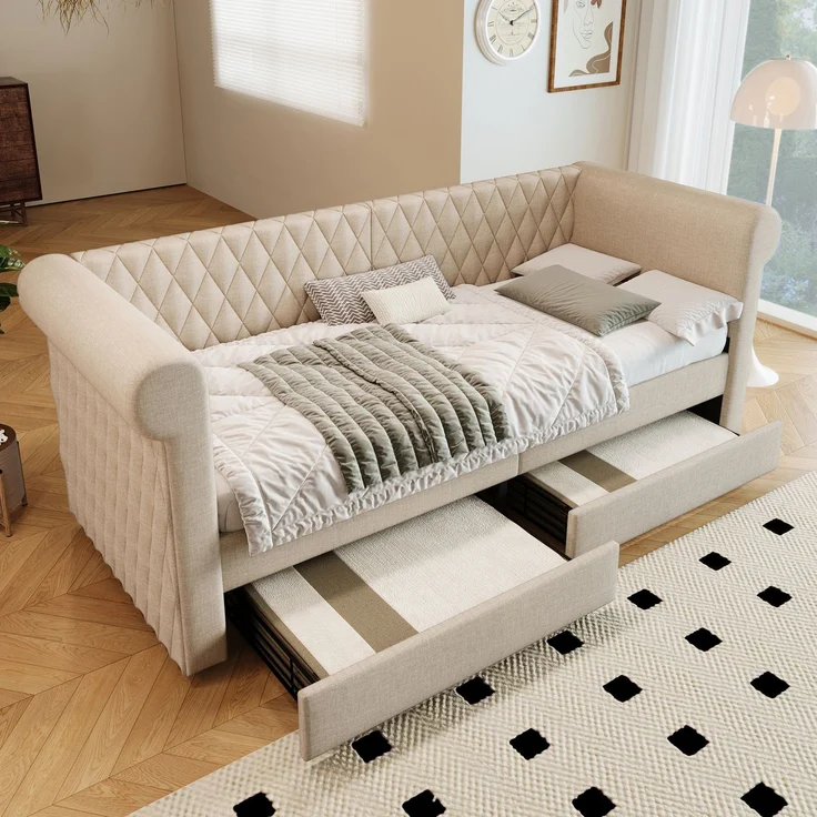Schlafsofa aus Leinen mit 2 Schubladen & Lattenrost, 90x200 cm, Beige, ohne Matratze – Bild 2