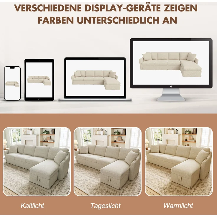 Ecksofa 274 x 128,5 x 83 cm mit Stauraum-Chaiselongue und waschbaren Bezügen, Beige – Bild 9