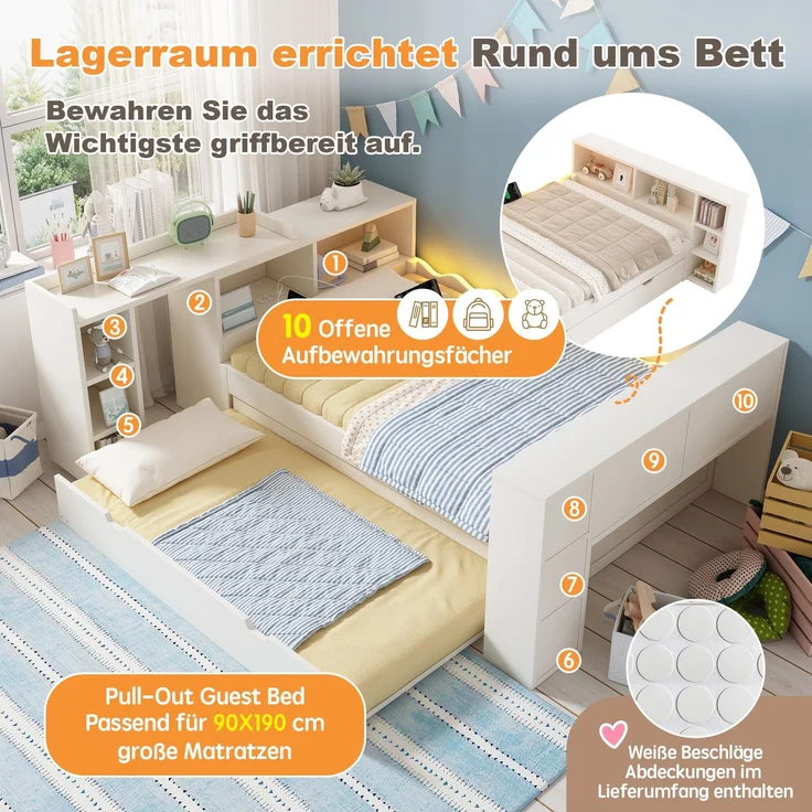 Bett 140x200 cm aus Holzwerkstoffen in Weiß mit Ausziehbett 90x190 cm, LED und Ladeanschlüssen, ohne Matratze – Bild 6