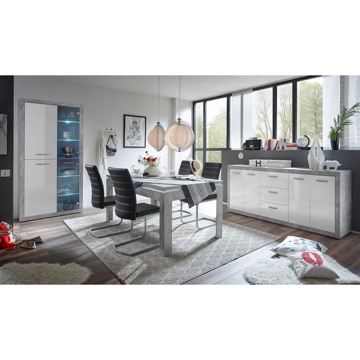 HBZ Sideboard Stone weiß Hochglanz, Wohnzimmerschrank BxHxT 206x90x45 cm (1 St), Mit 4 Türen, 3 geräumigen Schubkästen, 2 Einlegeböden verstellbar – Bild 2