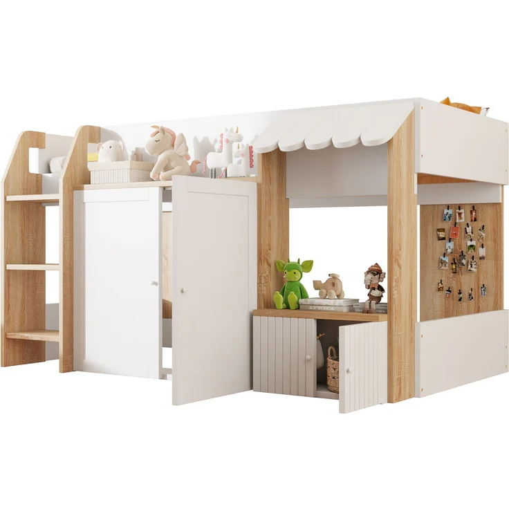 Kinder Hochbett 90x200 niedrig mit Haus-Design - Spielbett mit zweiter Liegefläche, Stauraum, breiter Leiter, weiß & holzfarben – Bild 6