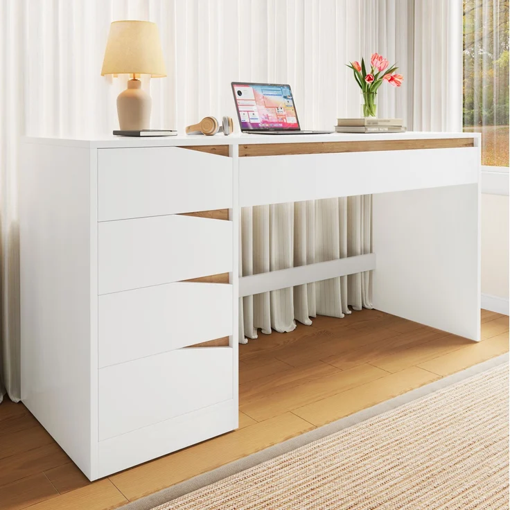 Schreibtisch aus Spanplatte mit 5 Schubladen, 140x50x78 cm, Weiß/Eichefarben – Bild 3