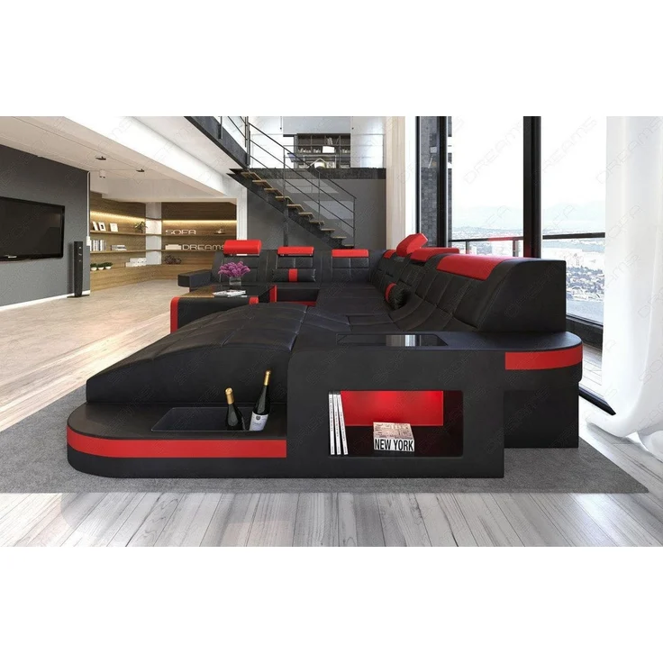 Sofa Dreams - Design Wohnlandschaft Wave XL mit LED - Büffelleder - schwarz-rot - Rechts – Bild 3