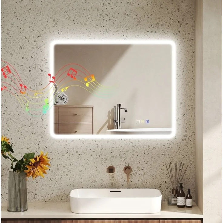 Badezimmerspiegel 90×70×3,5 cm mit LED-Beleuchtung, Bluetooth und Anti-Beschlag-Funktion