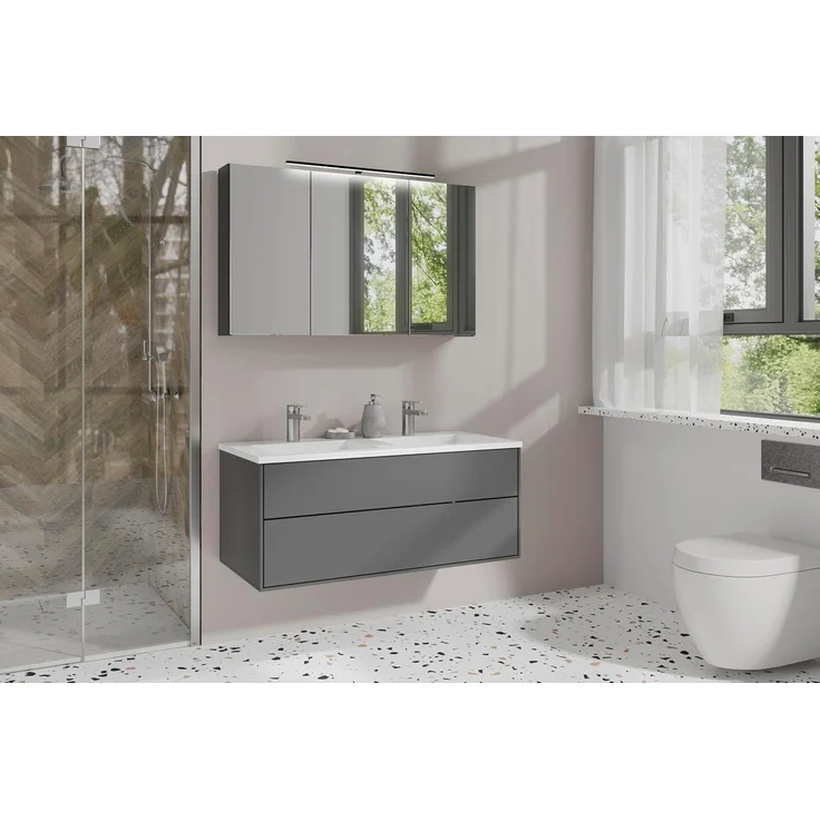 byLIVING Spiegelschrank Spree/Korpus matt mit Spiegeltüren/Hängeschrank mit Soft-Close-Funktion/Inklusive LED-Beleuchtung/Badschrank mit Stecker- und Schalterdose/B 100, H 60, T 20 cm (Anthrazit) – Bild 2