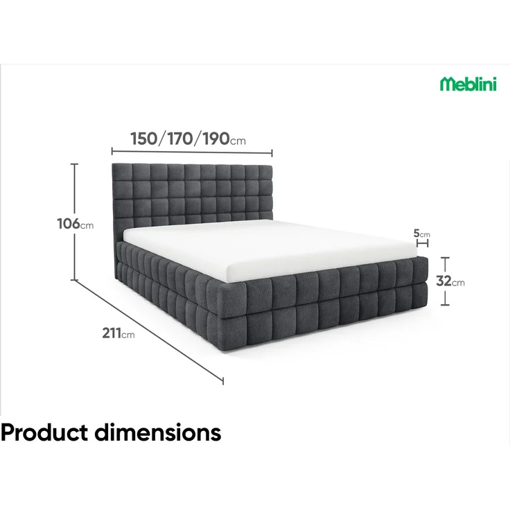 MEBLINI Polsterbett 160x200 mit Lattenrost mit Matratze – ANDREA – Dunkelgrau Boucle – Doppelbett mit Bettkasten - Stauraumbett - Kopfteil Bett mit Stauraum – Bild 7