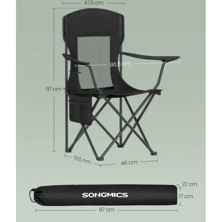 SONGMICS Campingstuhl 2er Set, Klappstuhl Outdoor, Angelstuhl, hohe Rückenlehne, verstellbare Armlehnen, Getränkehalter, klappbar, bis 150 kg belastbar, Camping Garten, tintenschwarz GCBDE028B02 – Bild 5