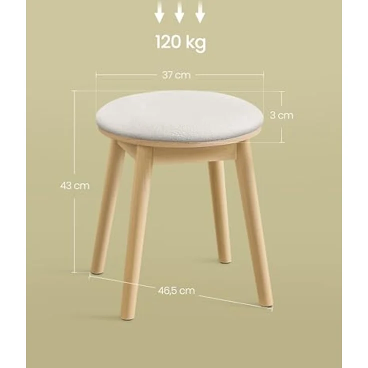 SONGMICS HOME BOHOVEN Kollektion - Schminkhocker, Schminktisch-Hocker gepolstert, Massivholzbeine, Sitzhocker rund, Fußhocker, rutschfeste Fußpads, Boho-Stil, Schlafzimmer, cremeweiß-eichenbeige – Bild 7
