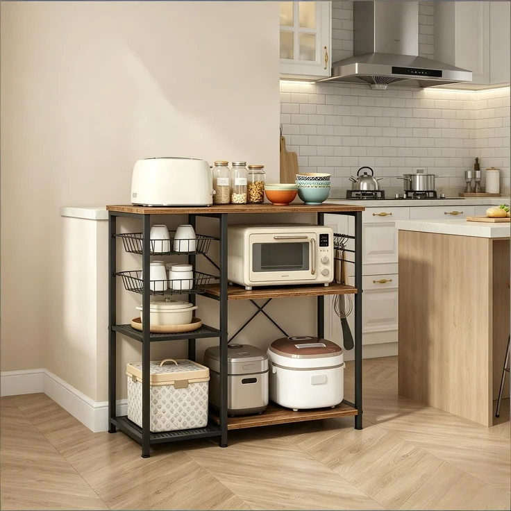 Stabiles stehendes Regal,Küchenregal,Kaffeetisch,Backregal,Offenes Mikrowellenregal,Anzeigeregal--Schwarz+Braun--40x90x82cm--YOUDENOVA – Bild 1