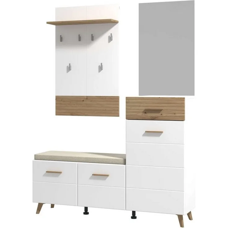 Home affaire Garderoben-Set Sein Kompaktgarderobe, Flurgarderobe, Dielenschrank, Hochglanzfronten, (Komplett-Set, 5-St), Gardreobenschrank, Schuhschrank, Sitzbank, Garderobenpaneel & Spiegel