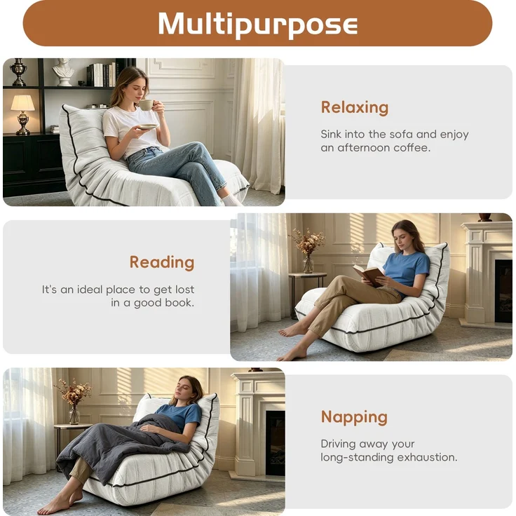 Niedlicher Raupen-Sitzsack, Sitzsacksofa, Bodensofa, Bodenstuhl mit Rückenlehne für Wohnzimmer und Schlafzimmer – Weiß – 70 x 96 x 64,5 cm – YOUDENOVA – Bild 3