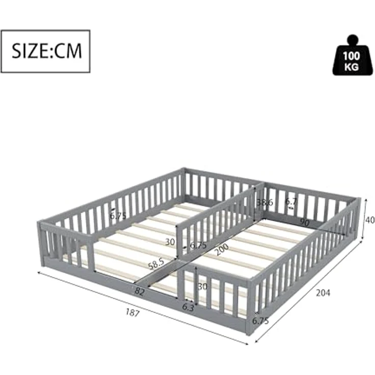 FAVSH Bodenbett 90x200 cm, Doppelbett mit Sicherheitsgitter & Lattenrost Stabiles Jugendbett, Holzbett Jugendbett aus Kiefer für Familien mit 2 Kindern, Kiefernholz, Minimalistischer Stil(Grau – Bild 2
