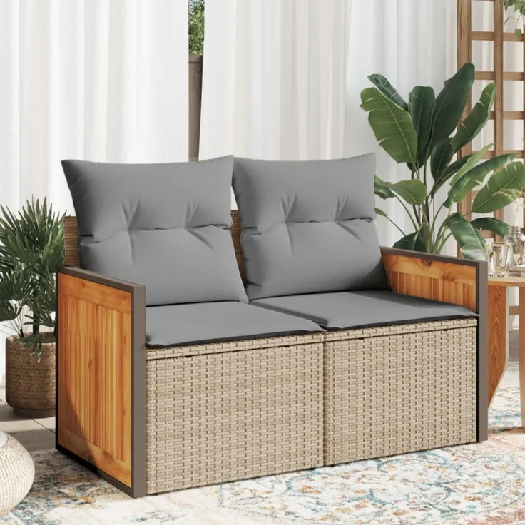 vidaXL Gartensofa mit Kissen 2-Sitzer Beige Poly Rattan 366099