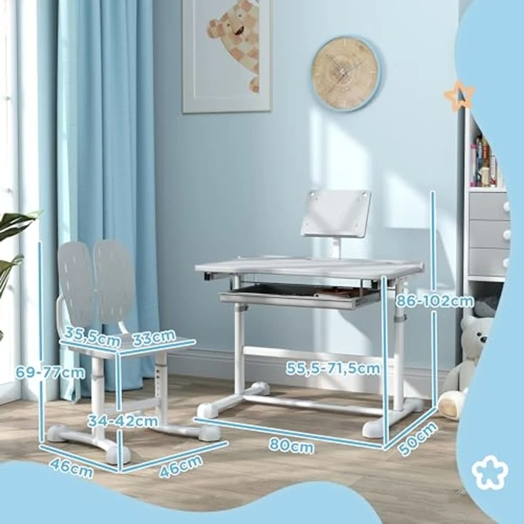 AIYAPLAY Kinderschreibtisch mit Stuhl, Kinderschreibtisch- und Stuhlset mit Höhenverstellung, 45° geneigter Tischplatte, Schublade und Buchstütze, für Kinder von 3 bis 12 Jahren, grau – Bild 7