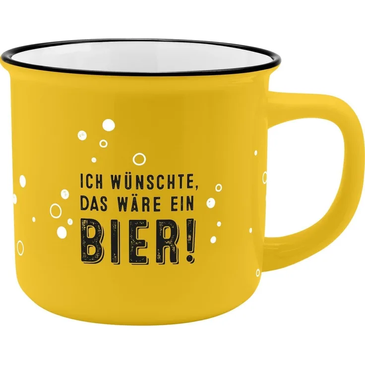GRUSS & CO Becher mit Motiv "Bier" | New Bone China Porzellan, Emaille-Optik, 35 cl | Lustiges Geschenk, Frühstück | 73912