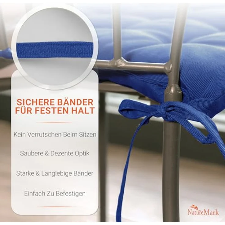 NatureMark 4er Set Stuhlkissen mit Bändern Gr. 40x40 cm Sitzkissen gefüllt, Navy Blau – Bild 7