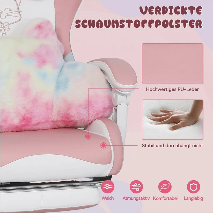 Puluomis Gaming-Stuhl Bürostuhl Ergonomisch mit Katzenpfote Lendenkissen und Katzenohren (Gamer Stuhl, Racing Computerstuhl PC Stuhl mit Fußstütze Kopfstütze), für Mädchen, Teenager, Kinder, Pink – Bild 3
