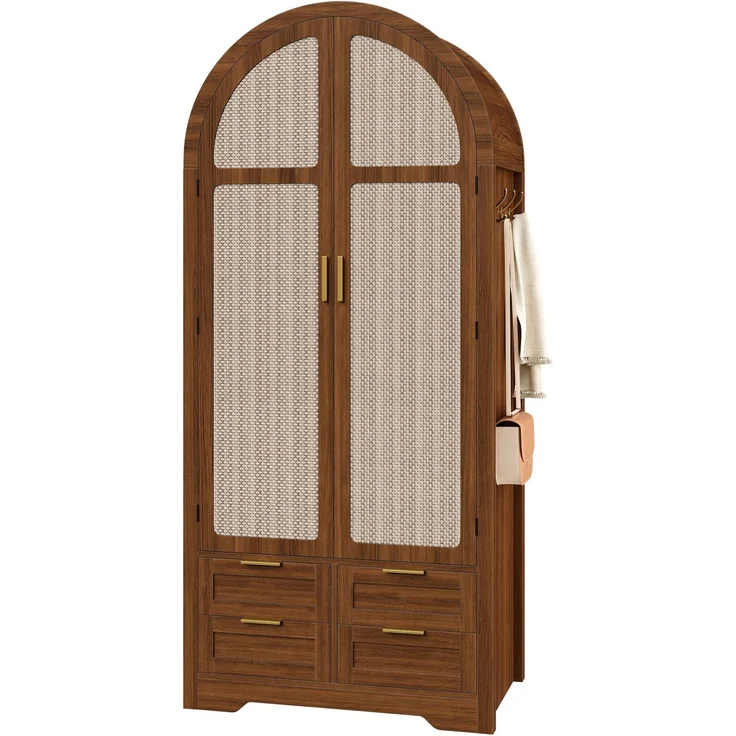 DESVIAE Garderobenschrank Nussbaum aus MDF – 80x180x50 cm – Rattantüren, Schubladen – Bild 7