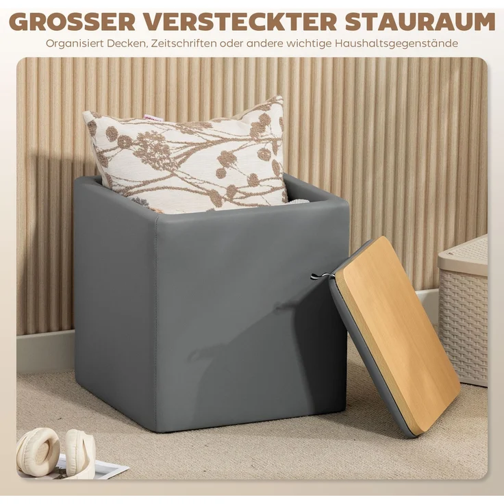 HOMCOM Sitzhocker, Kunstleder, MDF, Grau, 40L x 40B x 40H cm – Bild 5
