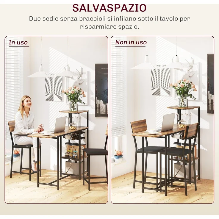 HOMCOM Bargruppe mit klappbar Küchentisch, Weinglashalter, Ablage, 2 Barstühlen, (Bartisch mit Barhocker Set, 3-tlg, Bartisch-Set), im Modern-Stil, für Esszimmer, Küche, Stahl, Braun – Bild 7