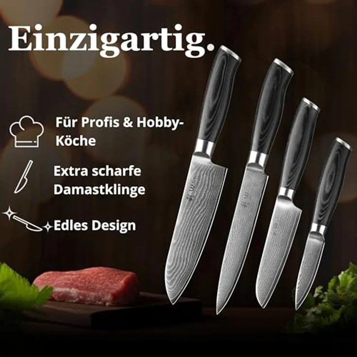 Wakoli Messer-Set Mikata 4er Damast Küchenmesser Set Klingen 8 bis 18 cm (Damastmesser mit Geschenkbox, 4-tlg, 4er Damastmesser Set), VG10 Kern, langanhaltende Schärfe, ergonomischer Griff – Bild 3