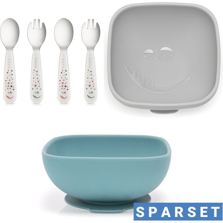 MiaMia 6-tlg. Esslern-Set, Silikon-Schalen mit Saugnapf und ergonomisches Besteck in Petrol / Hellgrau