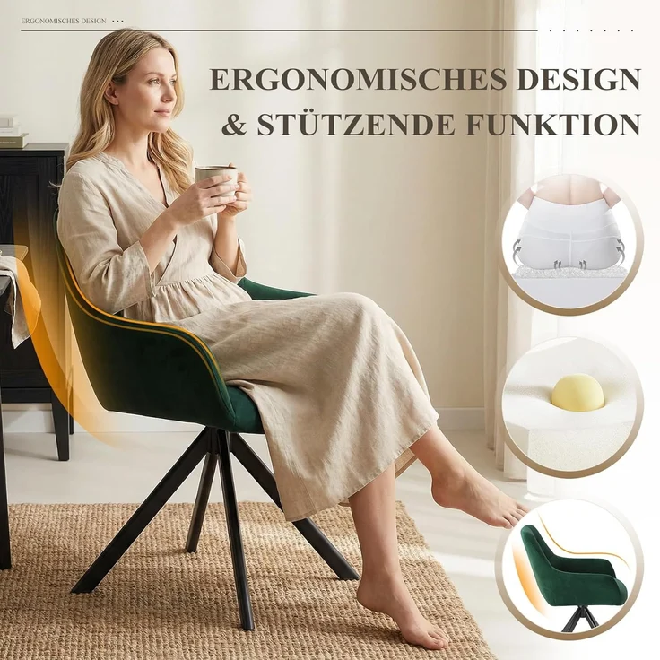 COLAMY Drehbare Esszimmerstühle 4er Set, Esszimmerstühle Drehbar mit Armlehne, Armlehnstuhl Drehbar mit Rückenlehne für Esszimmer, Stühle aus Weichem Florstoff mit Metallgestell für Küche, Grün – Bild 6