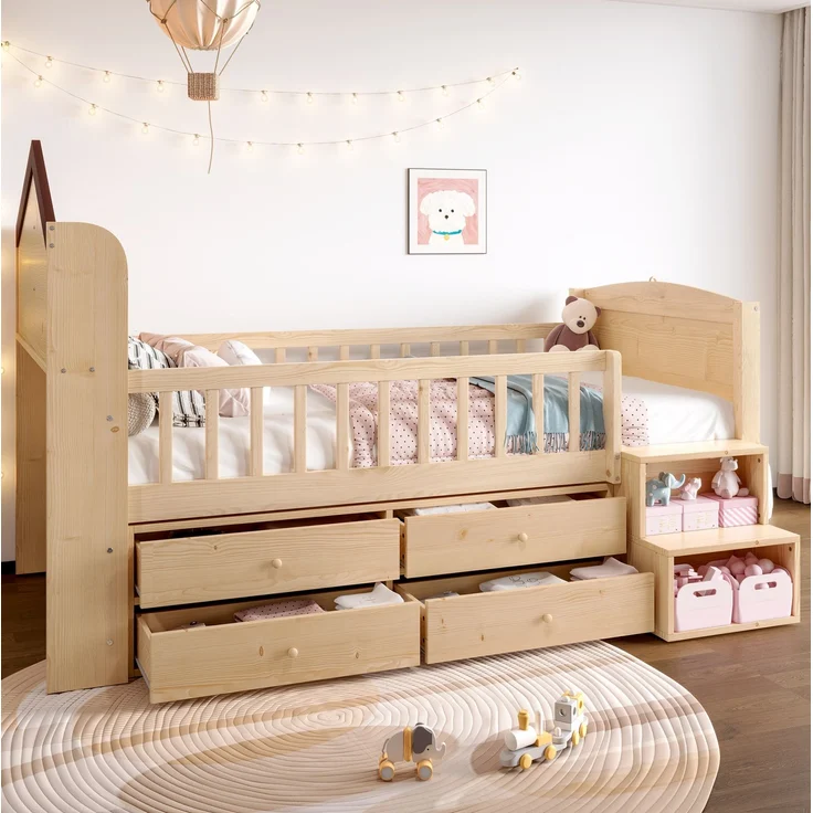Halbhohes Bett 90x200 cm in Natur – Hausform mit LED, Schubladen, Regalen und Leiter – Bild 3