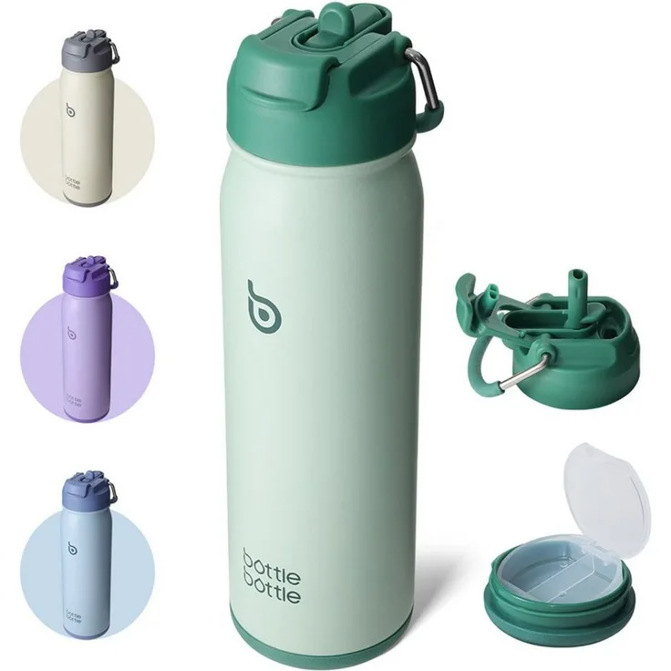 BOTTLE BOTTLE Trinkflasche Edelstahl Trinkflasche 24oz(709ml) mit Strohhalm Griff und Pillenfach, für Outdoor Schule, isolierte sportflasche