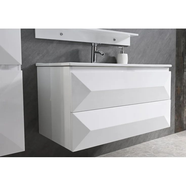 Miran Badmöbel Set 90 cm Weiß Hochglanz mit Spiegel 1x Seitenschrank Links, 1x Waschbeckenunterschrank, 1x Spiegelablage, 1x Spiegel – Bild 2