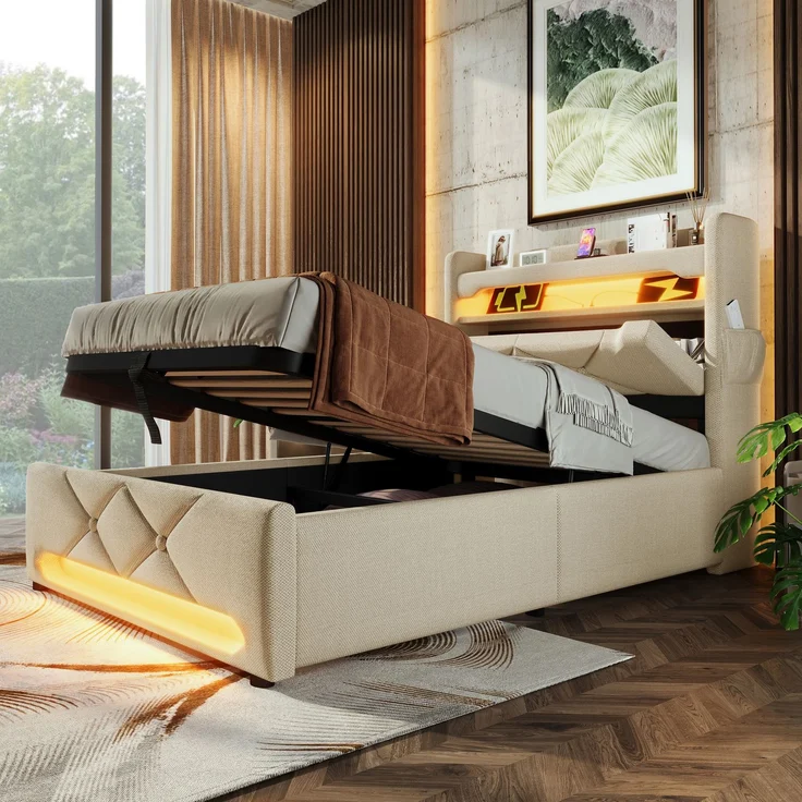 EINHOM Polsterbett Einzelbett 90 x 200 cm, Stauraum Kopfteil mit USB und Typ C-Port, 360-Surround-LED-Funktion Rund um Kopf- und Fußende des, Betten mit Hydraulisch Stauraum, Leinen, Beige (Ohne Matratze) – Bild 1
