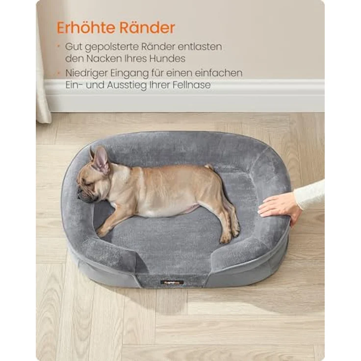 Feandrea Hundebett, Hundekissen, für mittelgroße Hunde, 76 x 51 x 18 cm, orthopädisch, wasserdichte Innenschicht, erhöhte Ränder, Abnehmbarer, waschbarer Bezug, rutschfest, hellgrau PGW281G01 – Bild 6