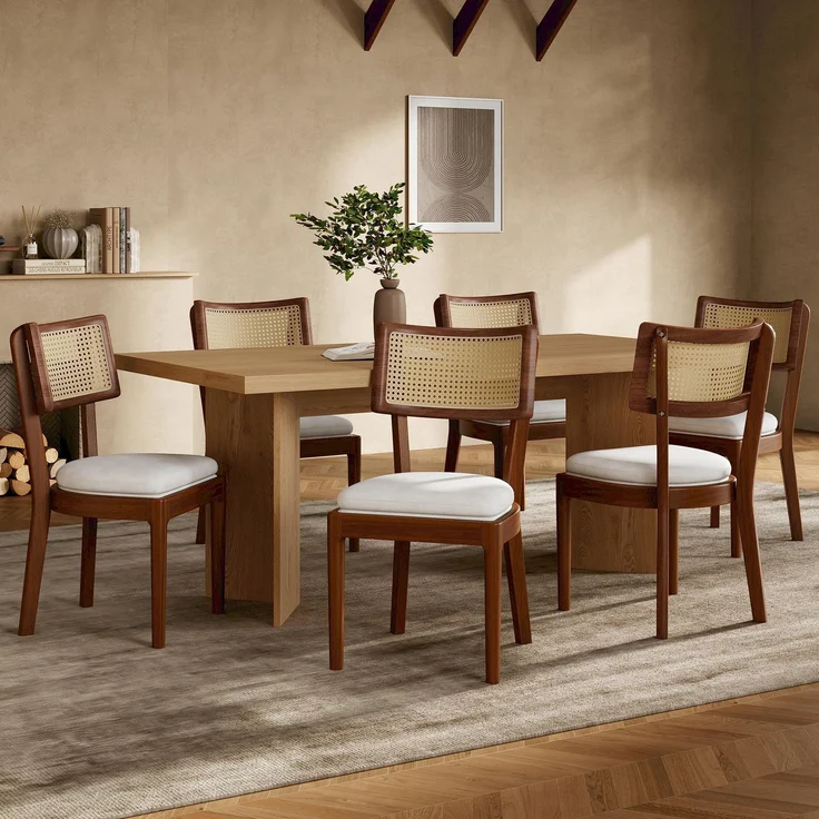 Esszimmerstühle 2er-Set 88cm×50cm×58cm aus Massivholz und Rattan – mit Leinenkissen, Walnuss – Bild 9