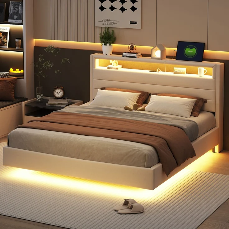 Polsterbett 160x200 cm mit USB-Steckdose und LED-Licht, wendbares Kopfteil, verdecktes Fußteil, Doppelflachbett, Jugendbett, Erwachsenenbett, Leinenstoff Beige – Bild 3