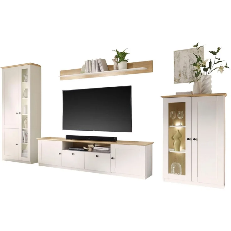 OTTO home Wohnwand Brest, Anbauwand im Landhausstil, Komplettset, Wohnzimmer-Set, (Set, 4-St), enthält Vitrinen, Lowboard + Wandboard – Bild 3